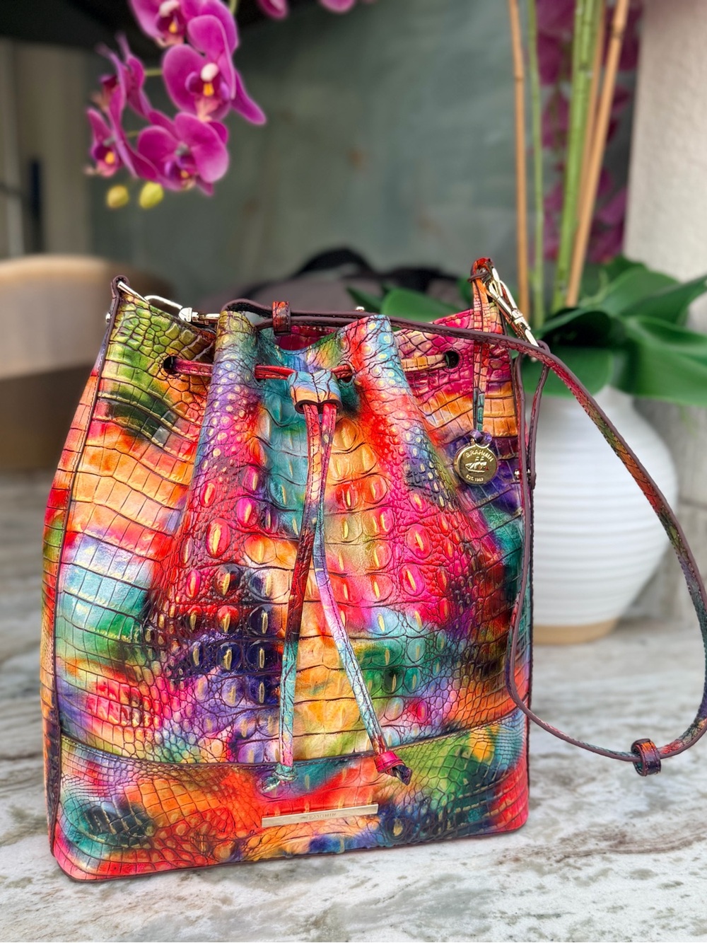 BRAHMIN Marlowe CrocEmbossed Leather BucketBag in Fallstruck Rainbow Colors NWOT - Picture 7 of 17